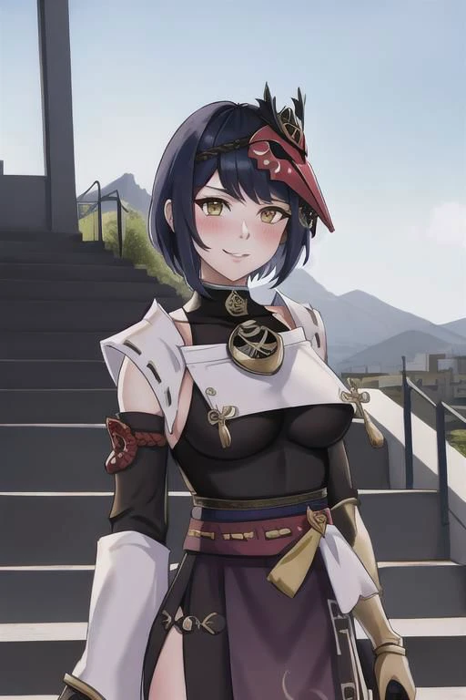 <lora:kujousara10_0.95dim32:1>, kujousaradef, upper body, smile, blush, outdoors, day, simple background, blue sky, short hair, sky, temple, looking at viewer, stairs, mountain, moody lighting, facing viewer,