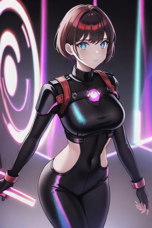 1girl, solo, masterpiece, best quality, red police uniform, black leggings, copper short hair, glow iridescent eyes, she is standing near next to a iridescent divine door gate, concrete wall in Dark alley with neon lights