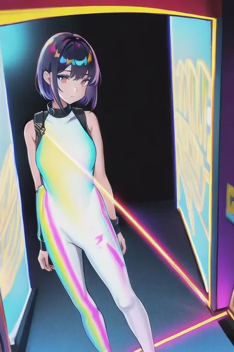 1girl, solo, masterpiece, best quality, red police uniform, black leggings, copper short hair, glow iridescent eyes, she is standing near next to a iridescent divine door gate, concrete wall in Dark alley with neon lights