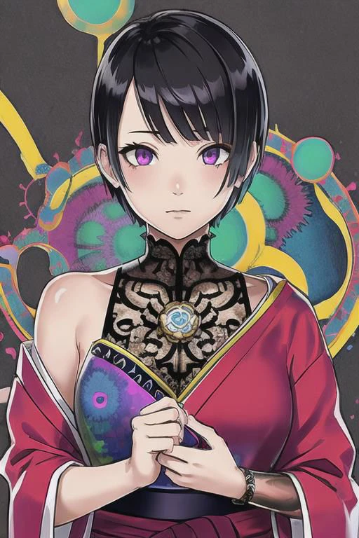 (Masterpiece:1.2), ((intricate details)), cover art, chaos, upper body, 1girl, japanese girl, short hair, black hair, bangs, hair on forehead, high quality, (red, blue, yellow, purple, green ink), ((front view)), face dripping, clothes dripping, ink dripping, (addnet weight 1:1.0), (double exposure), ink scenery