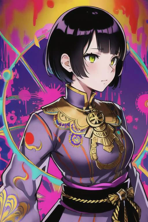 (Masterpiece:1.2), ((intricate details)), cover art, chaos, upper body, 1girl, japanese girl, short hair, black hair, bangs, hair on forehead, high quality, (red, blue, yellow, purple, green ink), ((front view)), face dripping, clothes dripping, ink dripping, (addnet weight 1:1.0), (double exposure), ink scenery