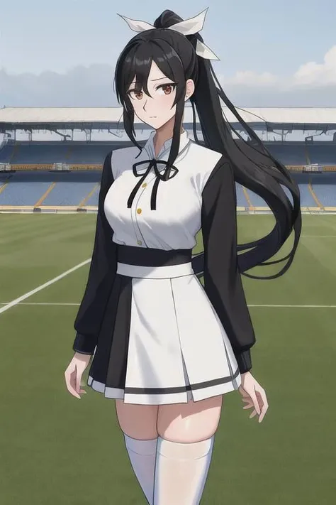 masterpiece, best quality, highres, aahouki, very long hair, black hair, high ponytail, split ponytail, hair ribbon, white ribbon, large breasts, school uniform, neck ribbon, white jacket, white dress, long sleeves, white thighhighs, <lora:shinonono_houki_v1:0.7>, standing, cowboy shot, outdoors,