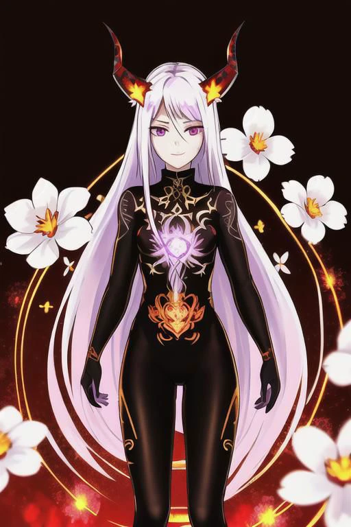 high quality. masterpiece, 8k, (tiny white flower meadow, tiny glass white flowers), upper body, face focus, 1girl, arrogant, mei, horns, long hair, (purple eyes:1.1), purple Amethyst hair, evil smile, golden red copper sliver tattoo black leggings, Amethyst laced glow tattoo black bodystockings, lace fractal red and golden glow enhanced skeleton Amethyst black tattoo bodysuit, red flower tattoo, long glow hair, glow golden earrings, red eyes, white face, tattoo mark mask tattoo, she is standing, sunlit, weak lights and shadow, (tiny white flower meadow, tiny glass white flowers), face focus, black background