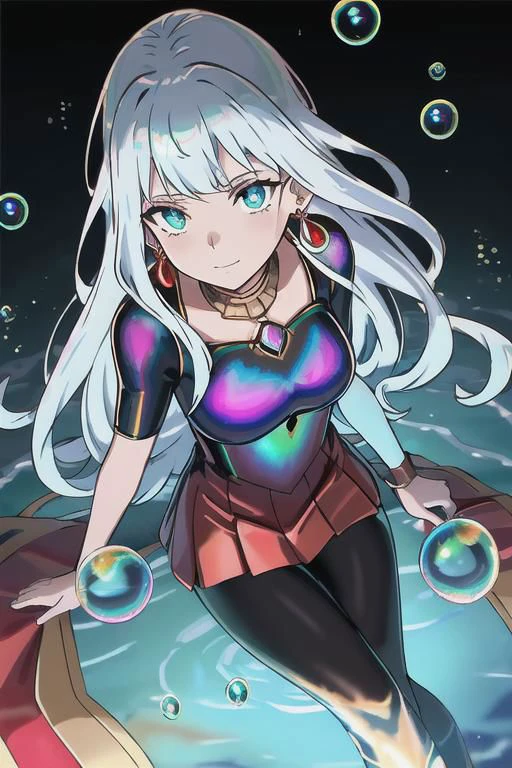 underwater, sunlit, weak lights and shadows, (copper) and (dark blue) and dark green, anime game, copper, gold, red (iridescent bubbles), black yellow crystal, sliver (chromatic bubbles), close up, 1girl, red glow eyes, white face, red leggings, copper, beautiful face, white long hair, red dress, soaps gold, copper tie, earrings, copper, glow radiance collard, golden-sliver, red dress, long dress, black pleated skirt, sliver shiny ground, transcend sliver, close up, face focus, 1girl, beautiful face, white face, white hair, red earrings, she is wearing see-through coat, - underwater, ((iridescent bubbles)), - sunlit, weak lights and shadows, blue-green, underwater, copper, green, blue underwater, (copper) and (dark blue) and dark green