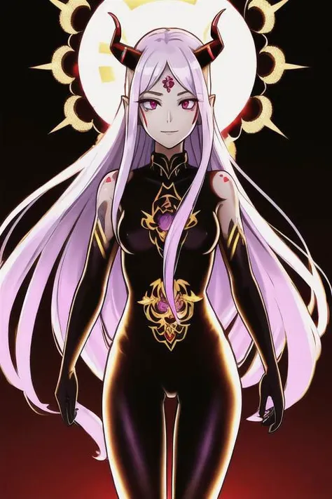 high quality. masterpiece, 8k, (tiny white flower meadow, tiny glass white flowers), upper body, face focus, 1girl, arrogant, mei, horns, long hair, (purple eyes:1.1), purple Amethyst hair, evil smile, golden red copper sliver tattoo black leggings, Amethyst laced glow tattoo black bodystockings, lace fractal red and golden glow enhanced skeleton Amethyst black tattoo bodysuit, red flower tattoo, long glow hair, glow golden earrings, red eyes, white face, tattoo mark mask tattoo, she is standing, sunlit, weak lights and shadow, (tiny white flower meadow, tiny glass white flowers), face focus, black background