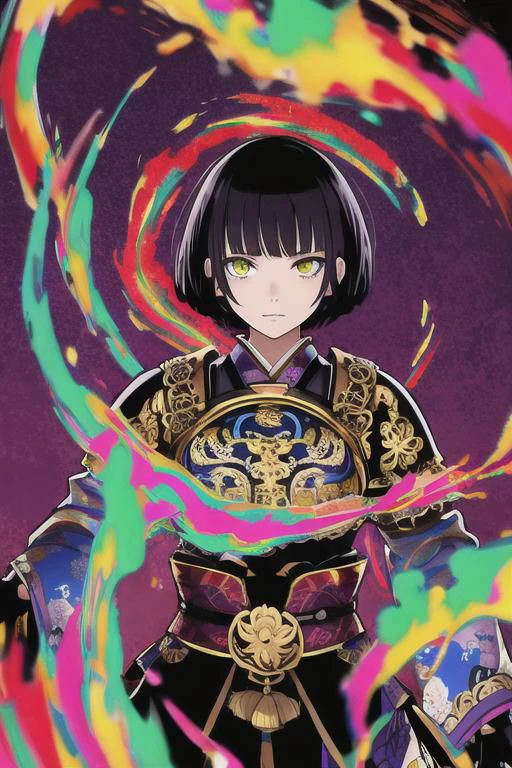 (Masterpiece:1.2), ((intricate details)), cover art, chaos, upper body, 1girl, japanese girl, short hair, black hair, bangs, hair on forehead, high quality, (red, blue, yellow, purple, green ink), ((front view)), face dripping, clothes dripping, ink dripping, (addnet weight 1:1.0), (double exposure), ink scenery