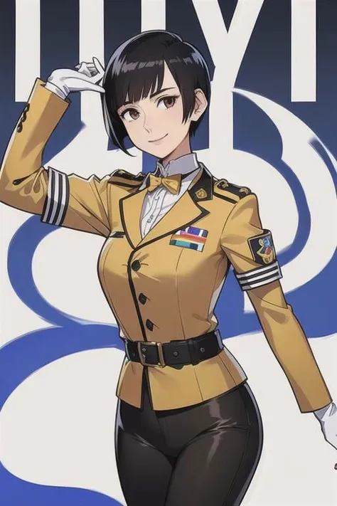 spiky bald hairstyle, short hair, mexican skin, gloves, uniform military, 1girl ,dark black hair, ((hair cut super short,)), soft Brown eyes, smile lips,