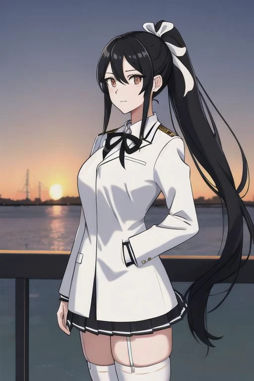 a woman in a white jacket and black skirt standing next to a body of water