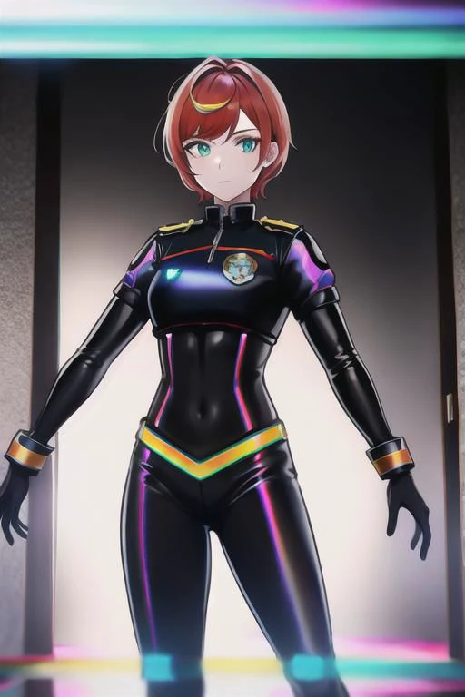 1girl, solo, masterpiece, best quality, red police uniform, black leggings, copper short hair, glow iridescent eyes, she is standing near next to a iridescent divine door gate, concrete wall in Dark alley with neon lights