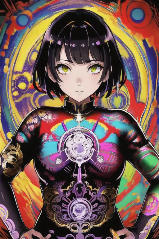 (Masterpiece:1.2), ((intricate details)), cover art, chaos, upper body, 1girl, japanese girl, short hair, black hair, bangs, hair on forehead, high quality, (red, blue, yellow, purple, green ink), ((front view)), face dripping, clothes dripping, ink dripping, (addnet weight 1:1.0), (double exposure), ink scenery