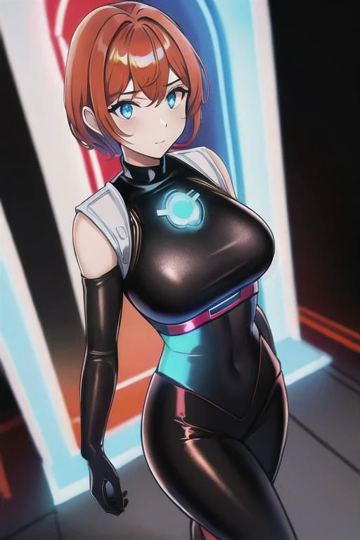 1girl, solo, masterpiece, best quality, red police uniform, black leggings, copper short hair, glow iridescent eyes, she is standing near next to a iridescent divine door gate, concrete wall in Dark alley with neon lights