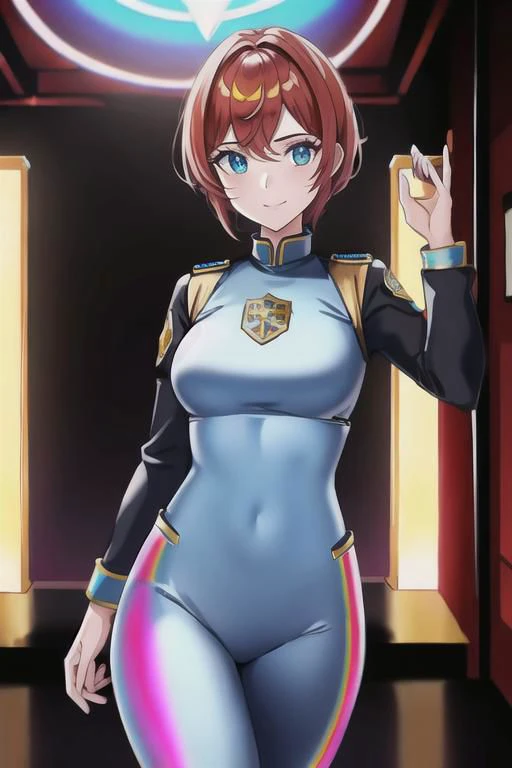 1girl, solo, masterpiece, best quality, red police uniform, black leggings, copper short hair, glow iridescent eyes, she is standing near next to a iridescent divine door gate, concrete wall in Dark alley with neon lights