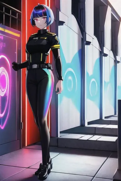 1girl, solo, masterpiece, best quality, red police uniform, black leggings, copper short hair, glow iridescent eyes, she is standing near next to a iridescent divine door gate, concrete wall in Dark alley with neon lights