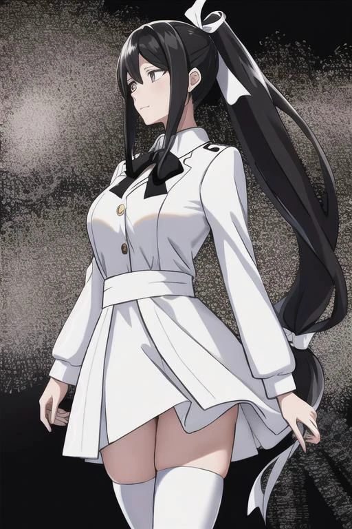 masterpiece, best quality, highres, aahouki, very long hair, black hair, high ponytail, split ponytail, hair ribbon, white ribbon, large breasts, school uniform, neck ribbon, white jacket, white dress, long sleeves, white thighhighs, standing, cowboy shot, outdoors,