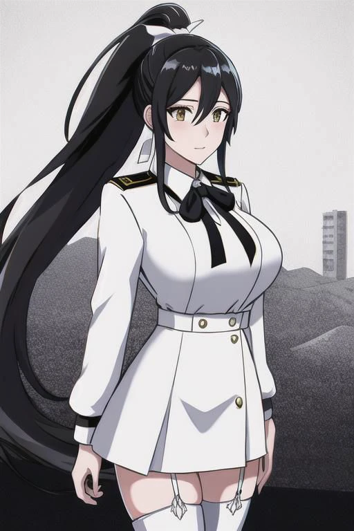 masterpiece, best quality, highres, aahouki, very long hair, black hair, high ponytail, split ponytail, hair ribbon, white ribbon, large breasts, school uniform, neck ribbon, white jacket, white dress, long sleeves, white thighhighs, standing, cowboy shot, outdoors,