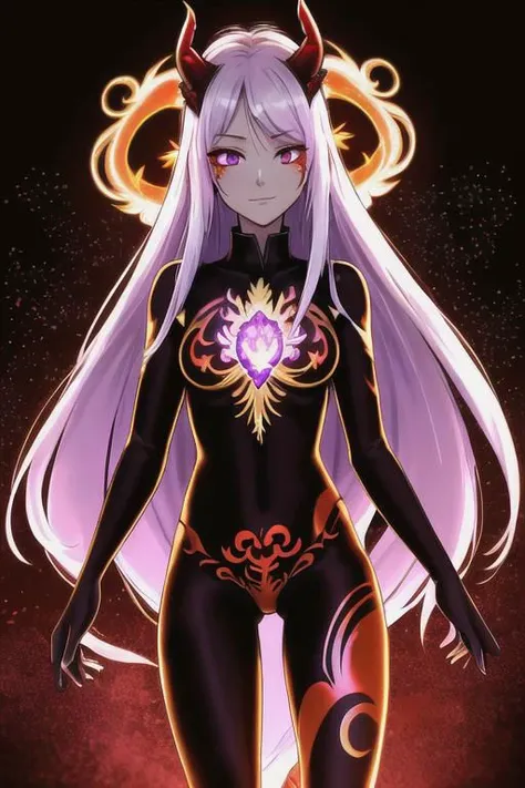 high quality. masterpiece, 8k, tiny white flower meadow, tiny glass white flowers, upper body, face focus, 1girl, arrogant, mei, horns, long hair, (purple eyes:1.1), purple Amethyst hair, evil smile, golden red copper sliver tattoo black leggings, Amethyst laced glow tattoo black bodystockings, lace fractal red and golden glow enhanced skeleton Amethyst black tattoo bodysuit, red flower tattoo, long glow hair, glow golden earrings, red eyes, white face, tattoo mark mask tattoo, she is standing, sunlit, weak lights and shadow, tiny white flower meadow, tiny glass white flowers, face focus, black background