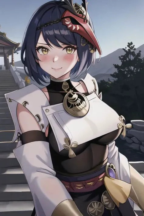 <lora:kujousara10_0.95dim32:1>, kujousaradef, upper body, smile, blush, outdoors, day, simple background, blue sky, short hair, sky, temple, looking at viewer, stairs, mountain, moody lighting, facing viewer,