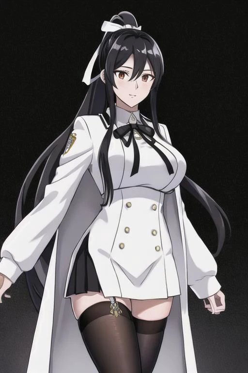 masterpiece, best quality, highres, aahouki, very long hair, black hair, high ponytail, split ponytail, hair ribbon, white ribbon, large breasts, school uniform, neck ribbon, white jacket, white dress, long sleeves, white thighhighs, standing, cowboy shot, outdoors,