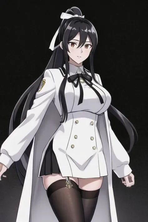masterpiece, best quality, highres, aahouki, very long hair, black hair, high ponytail, split ponytail, hair ribbon, white ribbon, large breasts, school uniform, neck ribbon, white jacket, white dress, long sleeves, white thighhighs, standing, cowboy shot, outdoors,