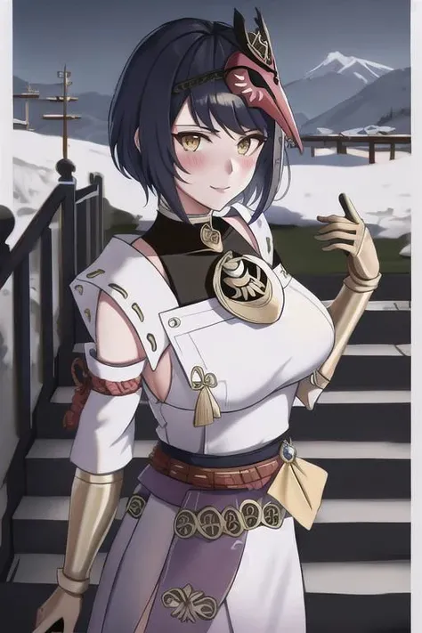 <lora:kujousara10_0.95dim32:1>, kujousaradef, upper body, smile, blush, outdoors, day, simple background, blue sky, short hair, sky, temple, looking at viewer, stairs, mountain, moody lighting, facing viewer,