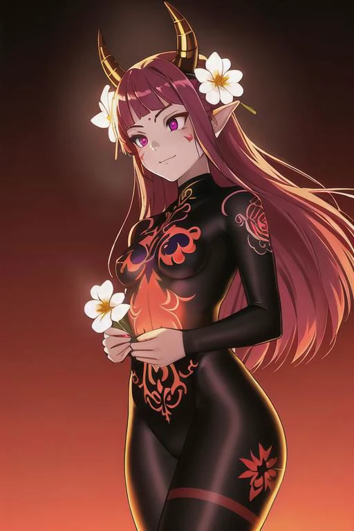 high quality. masterpiece, 8k, tiny white flower meadow, tiny glass white flowers, upper body, face focus, 1girl, arrogant, mei, horns, long hair, (purple eyes:1.1), purple Amethyst hair, evil smile, golden red copper sliver tattoo black leggings, Amethyst laced glow tattoo black bodystockings, lace fractal red and golden glow enhanced skeleton Amethyst black tattoo bodysuit, red flower tattoo, long glow hair, glow golden earrings, red eyes, white face, tattoo mark mask tattoo, she is standing, sunlit, weak lights and shadow, tiny white flower meadow, tiny glass white flowers, face focus, black background