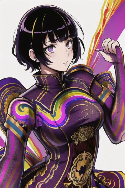 a woman in a purple outfit holding a sword and a purple and yellow background