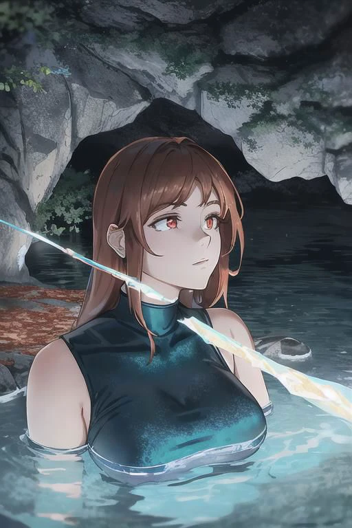 (copper) and (dark blue) and dark green, crystal clear water rocky creek stream, sunlit, weak lights and shadows, tree canopy, close up, 1girl, beautiful woman, white face, copper, glow red eyes, copper dress, black leggings,