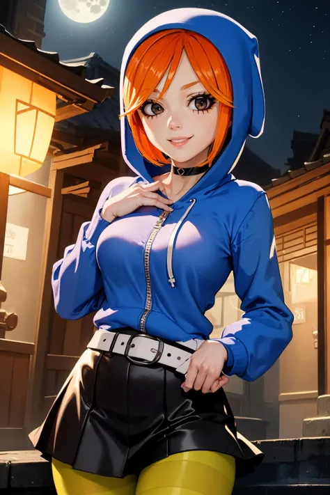 (masterpiece, best quality:1.2), <lora:goth_girl_(fhfif):1>, goth girl (fhfif), 1girl, striped, hood, pantyhose, striped pantyhose, solo, orange hair, breasts, white belt, skirt, hoodie, large breasts, hood up, short hair, multicolored hair, two-tone hair, black eyes, makeup, choker, fireworks, night, smile, lantern, looking at viewer, sky, night sky, outdoors, moon, architecture, east asian architecture, water, full moon, hand on own cheek
