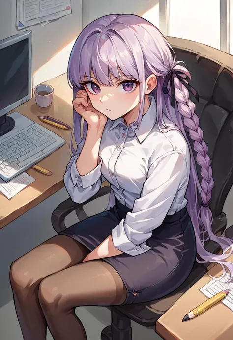 score_9, score_8_up, score_7_up, source_anime, 1girl, thigh up, sitting, solo, looking at viewer, fixing hair, <lora:danganronpathh_kirigiri_ponyXL:1> kirigiridef, braid, hair ribbon, white dress shirt, pencil skirt, pantyhose, office, computer, desk