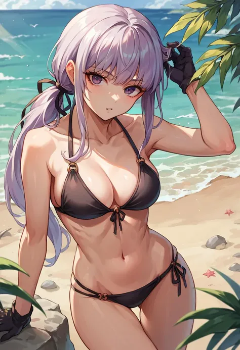 nsfw, 32k, best quality, ultra high res, HDR, UHD, extremely detailed CG, unity 32k wallpaper, One girl,High resolution, high quality, masterpiece, Purple eyes, Black Bikini, Beach, Black ponytail,