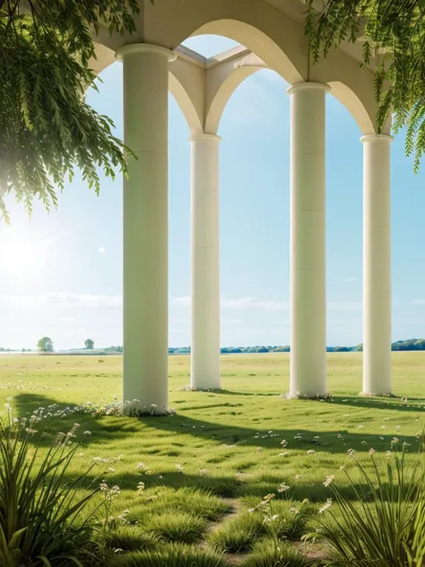 (Best quality,masterpiece:1.2), <lora:DSchangjing-000015:0.5>, RAW photo, dslr, film grain, Fujifilm XT3, Screen Space Refraction,
Photography\(environment\), realistic, outdoors, day, sunlight,
column, grass, field, tree,
white flower, flower, pillar, plant,green theme,
still life, no humans, scenery, nature,