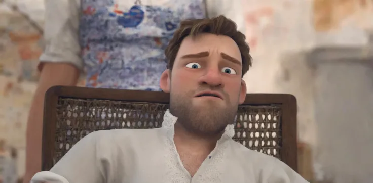 Pixar style, Inebriated European man sitting in a wooden wicker chair <lora:PixarXL:1>