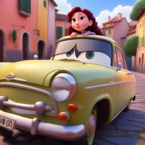 pixar style, cute 25 yo woman standing next to her car, beautiful town, masterpiece <lora:PixarXL-000003:1>