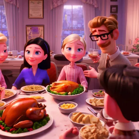 pixar style, beautiful thanksgiving dinner, happy people <lora:PixarXL-000003:1>
