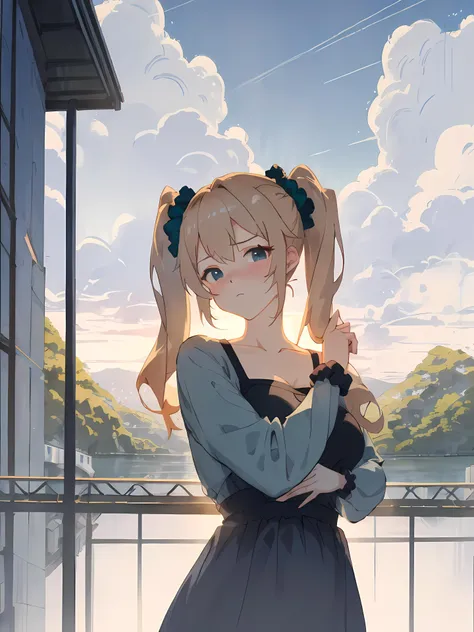 1girl, blonde_hair, blue_eyes, blue_sky, blush, breasts, bush, cloud, cloudy_sky, day, frown, hair_ornament, hair_scrunchie, long_hair, long_sleeves, looking_at_viewer, medium_breasts, outdoors, scrunchie, shirt, sky, solo, tree, twintails, upper_body, window anime, hdr, soft light, ((best quality)), ((masterpiece)), (detailed),
