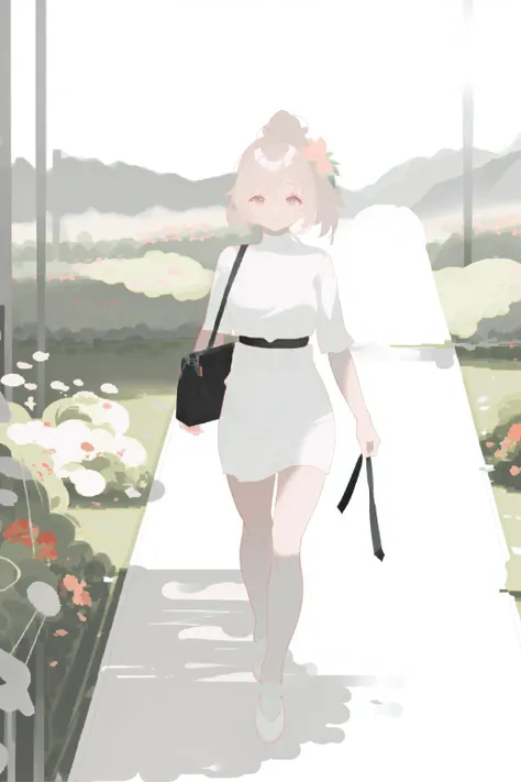 Pink flowers blossomed all over the garden,A girl is walking among the flowers