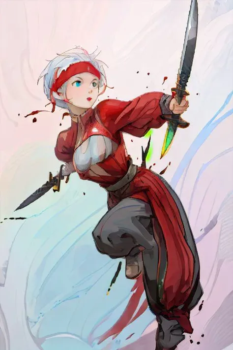1girl, tlsaka:1.5, original_outfit:1.5, solo, lunging through streets, (daggers), (dualwielding:1.2), detailed face, (complex background), pool of blood, water, debris, dynamic, action, wide angle shot, (masterpiece:1.2), (colorful:1.5), 8k, UHD, (high contrast:1.1), (sharp lines),