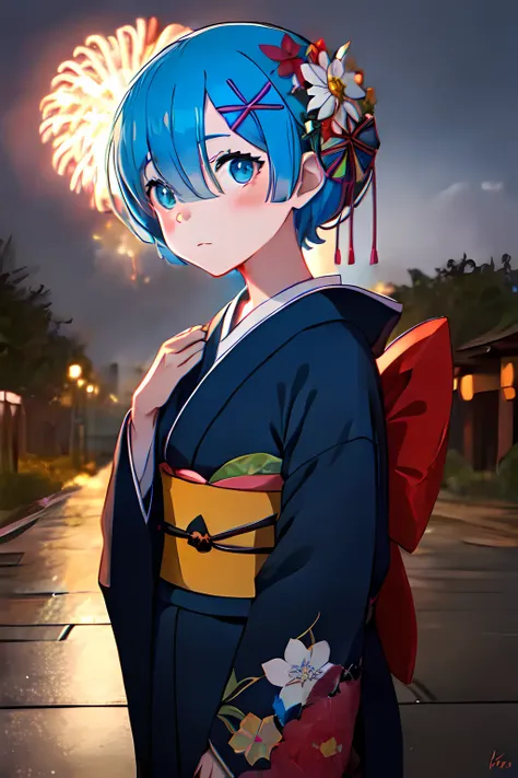 1girl, Rem, <lora:Rem_V1-000003:0.9>, (kimono:1.2), fireworks, looking at viewer,, (masterpiece:1.2), highres, best quality, 8k,