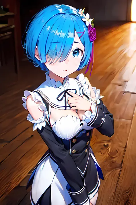 1girl, cowboy shot, Rem, <lora:Rem_V1-000003:0.9>, hair over one eye, shy, detached sleeves,cleavage, medium breasts,, (masterpiece:1.2), highres, best quality, 8k,