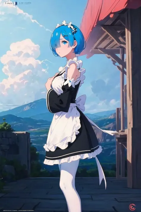 masterpiece, best quality, ultra-detailed, (realistic:1.3), epic lighting, cinematic composition, (dark fantasy movie poster:1.1), <lora:Rem_V1:1> 1girl, solo, rem, cute, light blue hair, short hair, medium breasts, (hair over one eye:1.3), blue eyes, roswaal mansion maid uniform, detached sleeves, wide sleeves, apron, (white pantyhose:1.3), looking at viewer, cowboy shot, expressionless, from the side, wind, hair sway, floating ice crystals, soft lighting, blue sky, blue theme, Tindal effect, (Balance and coordination between all things), dramatic, abstract background, (8k:1.1)