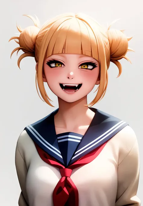 <lora:himiko_toga:0.8>, (masterpiece, best quality,perfect lighting), himiko_toga, 1girl, solo, looking at viewer, blush, smile, short hair, open mouth, simple background, long sleeves, white background, school uniform, collarbone, upper body, :d, teeth, sailor collar, neckerchief, v, fangs, cardigan, blue sailor collar, red neckerchief