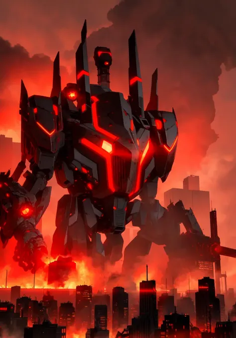 menacing death machine looming in the foreground, ominous and intimidating with sharp edges and glowing red lights. The background is a dystopian cityscape riddled with destruction and chaos, complete with smoke billowing from crumbling buildings and a blood-red sky. The style is inspired by classic anime elements, with bold lines and vivid colors bringing the machine to life. The atmosphere is tense and foreboding, capturing the fear and danger of the situation with chilling accuracy.