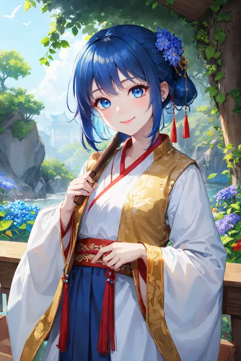 ru_qun, hanfu, best quality, masterpiece, extremely detailed, anime, 1girl, short girl, (blue hair, blue eyes:1.4), long hair, smile, tulle clothes, silk clothes, embroidery accessory, chinese knots, happy, smile, closed mouth, blue flower vines, gems, gold accessory,  <lora:Hanfu Ruqun:0.7>