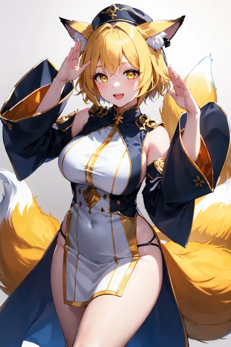 mksks style, detailed background, masterpiece, best quality, yakumo ran, white dress, yellow eyes, tail, frills, slit pupils, tabard, fox tail, large breasts, dress, hat, short hair, white headwear, blonde hair, animal ears, long sleeves, multiple tails, wide sleeves, fox ears, salute