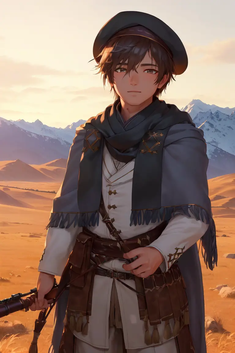 (highres:1.2), (ultra-detailed:1.2), (((traditional media))), (extremely detailed CG unity 8k wallpaper:1.2), (best shadow), soft lighting, HDR, cowboy shot,
(1boy), turkish, sniper, shawl, veil, [beret]
shaded face, steppe [mountains], tassels