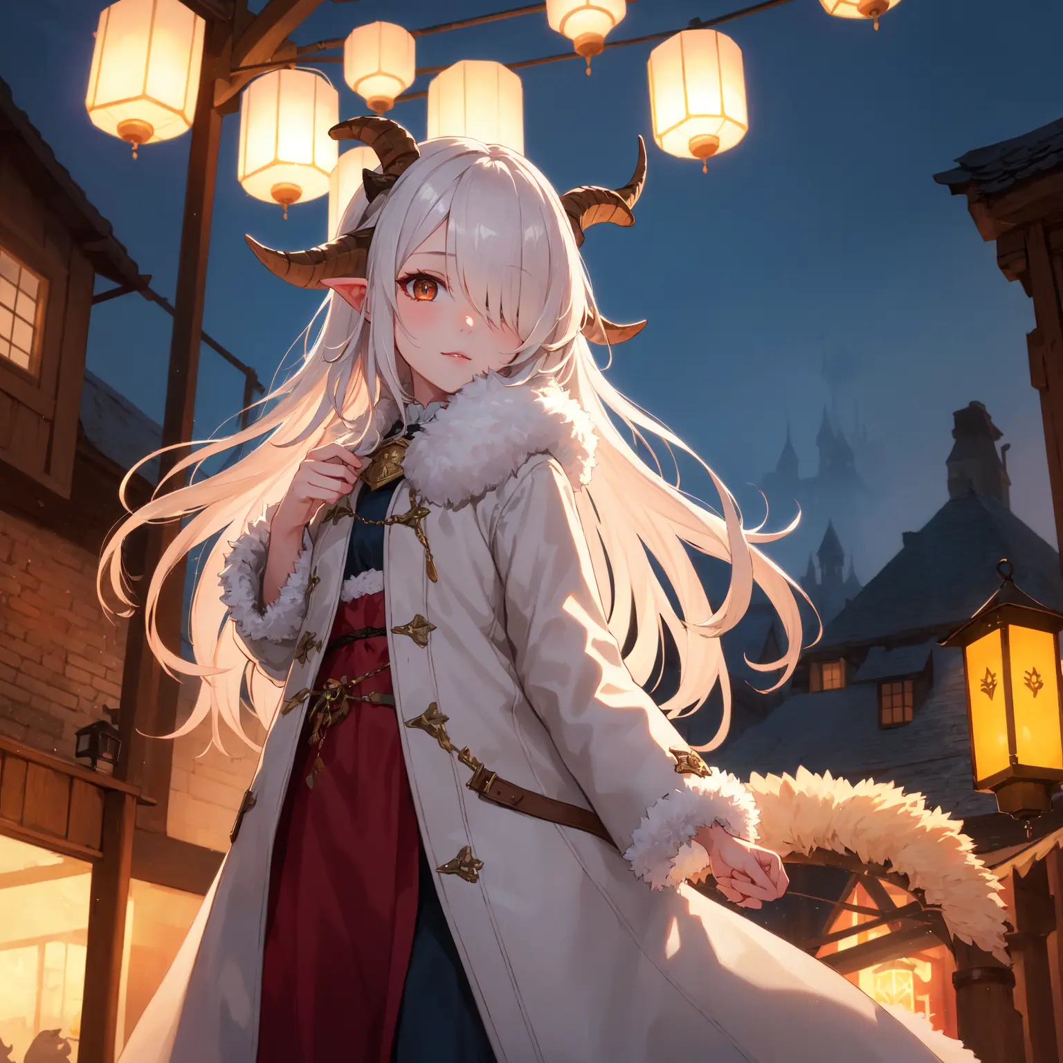 masterpiece, best quality, 1girl, solo, ((fluffy hair)), white hair, very long hair, messy hair, horns, looking at viewer, brown eyes, hair over one eye, fur coat, coat, fur trim, goat horns, medieval cityscape, lanterns, oil lanterns, medieval houses, fantasy