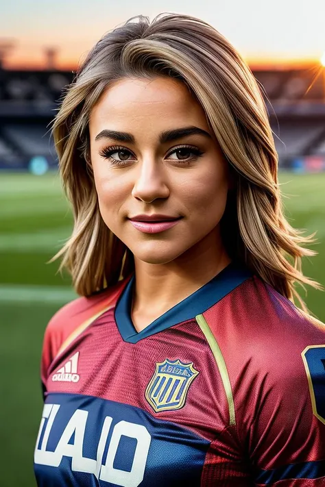 beautiful woman (blonde Gr4c3D1r1g04-1300:.99), perfect waist, closeup portrait, realistic, (detailed:1.15),(film grain, skin details, 4k:1), smile, Dappled Light, analog style (look at the viewer), (skin texture), (film grain), (hyper-realistic texture skin:1.3), cinematic light, sidelighting, ultra high res, best shadow, RAW, beautiful hair, (offical soccer jersey),(in football stadium:1.1), professional model photoshoot, hdr, sunset, (ros lips)