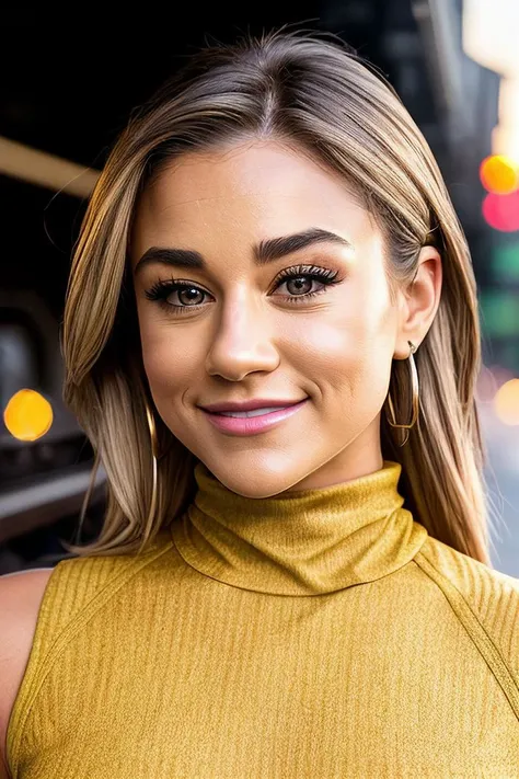 beautiful woman (blonde Gr4c3D1r1g04-1300:.99), perfect waist, closeup portrait, realistic, (detailed:1.15),(film grain, skin details, 4k:1), smile, Dappled Light, analog style (look at the viewer), (skin texture), (film grain), (hyper-realistic texture skin:1.3), cinematic light, sidelighting, ultra high res, best shadow, RAW, beautiful hair, (beautiful designer Mustard summer [turtleneck | strapless dress] with neckline:1.2),(railroad tracks:1.1), professional model photoshoot, hdr, sunset, (ros lips)
