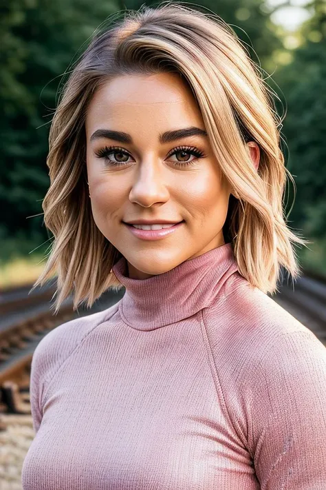 beautiful woman (blonde Gr4c3D1r1g04-1300:.99), perfect waist, closeup portrait, realistic, (detailed:1.15),(film grain, skin details, 4k:1), smile, Dappled Light, analog style (look at the viewer), (skin texture), (film grain), (hyper-realistic texture skin:1.3), cinematic light, sidelighting, ultra high res, best shadow, RAW, beautiful hair, (beautiful designer Blush summer [turtleneck | strapless dress] with neckline:1.2),(railroad tracks:1.1), professional model photoshoot, hdr, sunset, (ros lips)