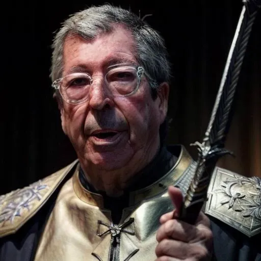 Realistic style ,  <lora:Patrick Balkany:1> , Patrick Balkany , In golden armor , Raise a sword , Lightning coming out of the sword ,